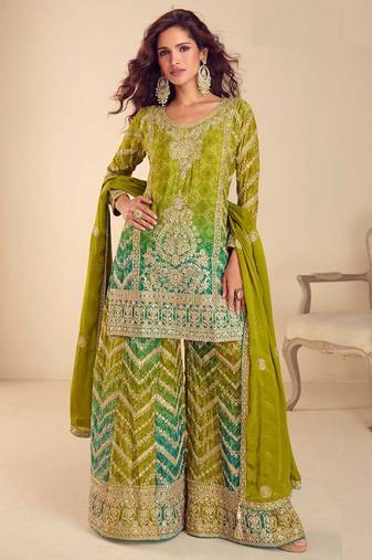 lime green chiffon embroidery  sequined  hand work & digital printed semi stitched suit