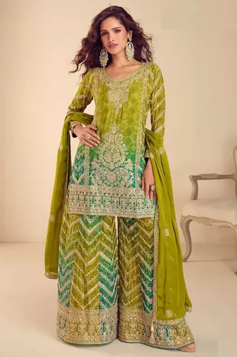 lime green chiffon embroidery  sequined  hand work & digital printed semi stitched suit