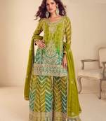 lime green chiffon embroidery  sequined  hand work & digital printed semi stitched suit