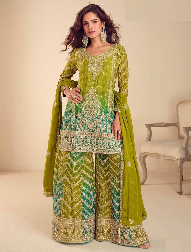 lime green chiffon embroidery  sequined  hand work & digital printed semi stitched suit