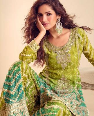 lime green chiffon embroidery  sequined  hand work & digital printed semi stitched suit 2