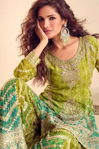 lime green chiffon embroidery  sequined  hand work & digital printed semi stitched suit