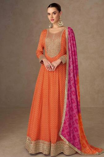orange chiffon heavy golden zari embroidery and sequin work semi stitched suit
