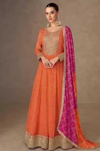 orange chiffon heavy golden zari embroidery and sequin work semi stitched suit
