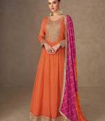 orange chiffon heavy golden zari embroidery and sequin work semi stitched suit