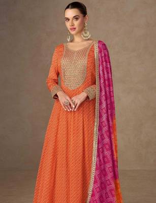 orange chiffon heavy golden zari embroidery and sequin work semi stitched suit 2