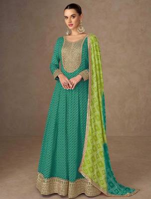 sea green chiffon heavy golden zari embroidery and sequin work semi stitched suit 1