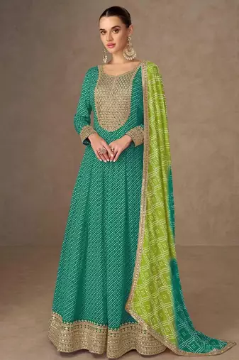 sea green chiffon heavy golden zari embroidery and sequin work semi stitched suit