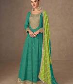 sea green chiffon heavy golden zari embroidery and sequin work semi stitched suit
