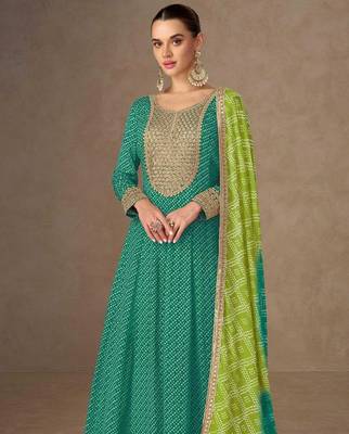 sea green chiffon heavy golden zari embroidery and sequin work semi stitched suit 2