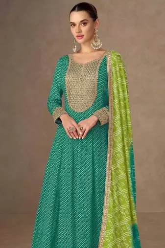 sea green chiffon heavy golden zari embroidery and sequin work semi stitched suit