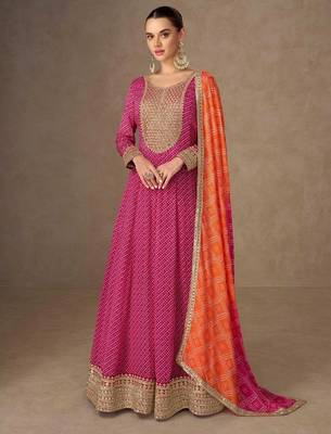 pink chiffon heavy golden zari embroidery and sequin work semi stitched suit 1