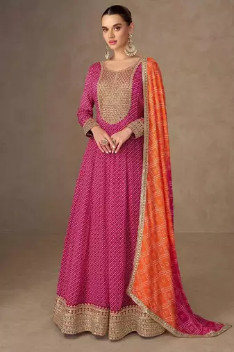pink chiffon heavy golden zari embroidery and sequin work semi stitched suit