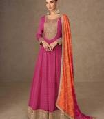 pink chiffon heavy golden zari embroidery and sequin work semi stitched suit