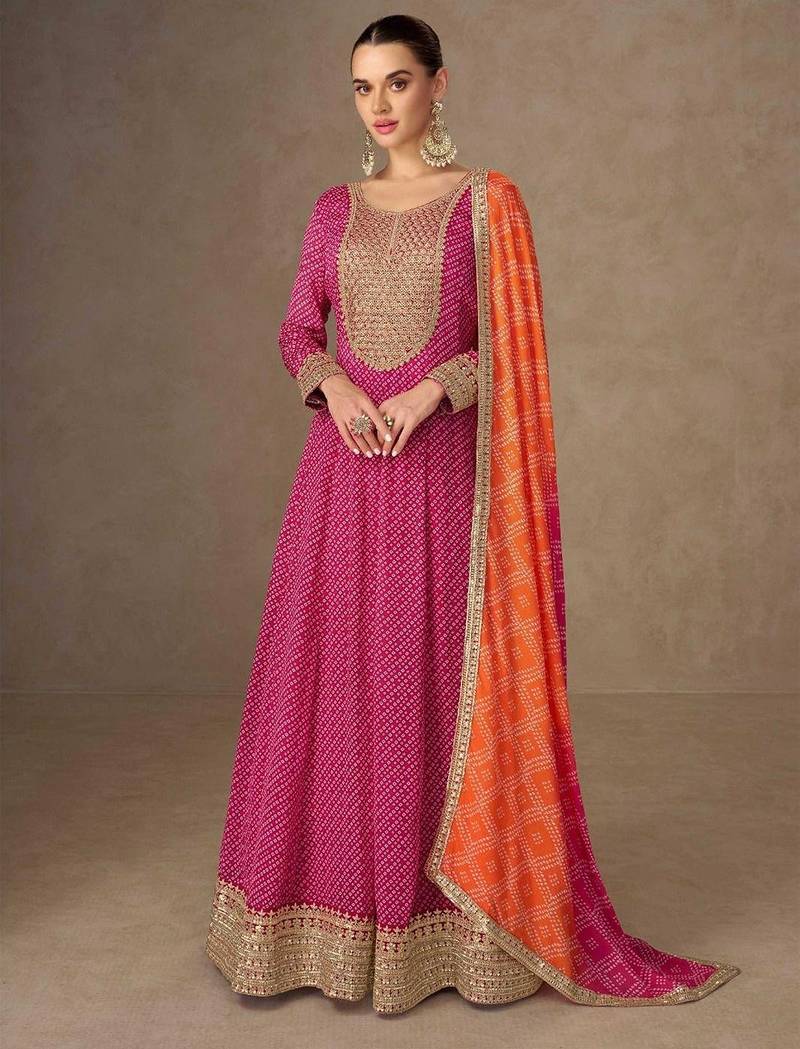pink chiffon heavy golden zari embroidery and sequin work semi stitched suit