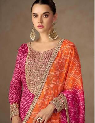 pink chiffon heavy golden zari embroidery and sequin work semi stitched suit 2