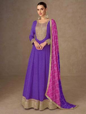 purple chiffon heavy golden zari embroidery and sequin work semi stitched suit 1