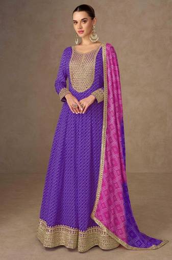 purple chiffon heavy golden zari embroidery and sequin work semi stitched suit