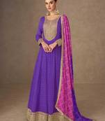 purple chiffon heavy golden zari embroidery and sequin work semi stitched suit