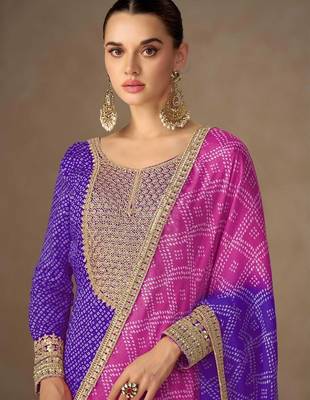purple chiffon heavy golden zari embroidery and sequin work semi stitched suit 2