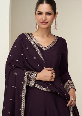 wine silk blend zari embroidered & sequins semi stitched suit 2