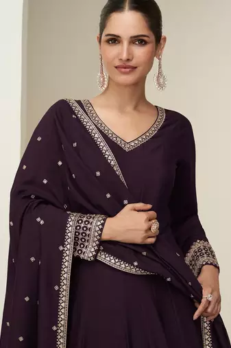 wine silk blend zari embroidered & sequins semi stitched suit