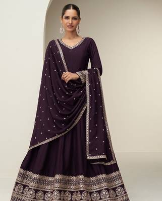 wine silk blend zari embroidered & sequins semi stitched suit 1