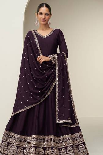 wine silk blend zari embroidered & sequins semi stitched suit