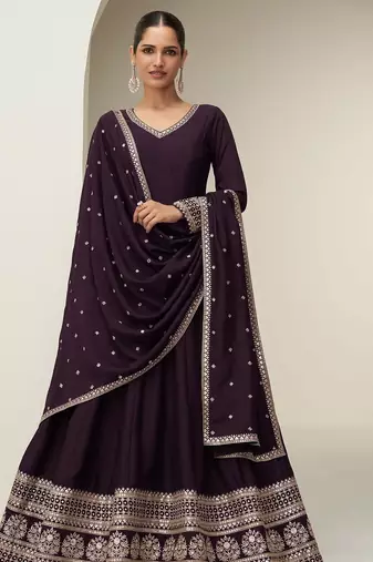 wine silk blend zari embroidered & sequins semi stitched suit