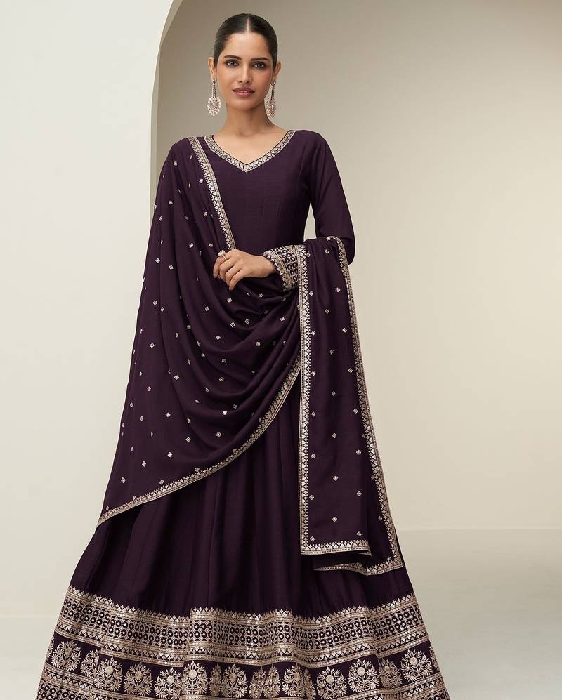 wine silk blend zari embroidered & sequins semi stitched suit