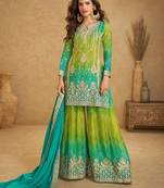 turquoise blue silk blend embroidery and handwork semi stitched suit