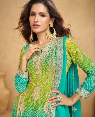 turquoise blue silk blend embroidery and handwork semi stitched suit 2