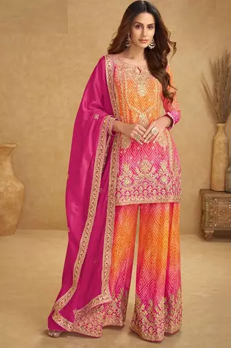 pink silk blend embroidery and handwork semi stitched suit