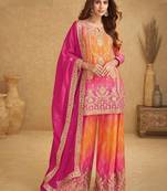 pink silk blend embroidery and handwork semi stitched suit