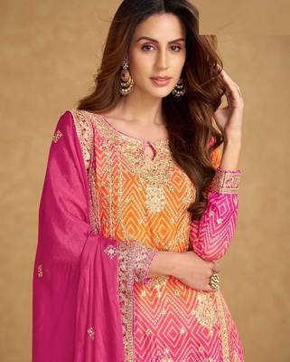 pink silk blend embroidery and handwork semi stitched suit 2