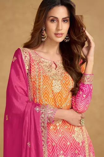 pink silk blend embroidery and handwork semi stitched suit