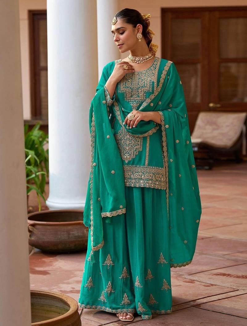  emerald green silk blend zari embroidery thread work motif work sequined and detailed border semi stitched suit