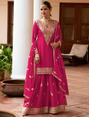 pink silk blend zari embroidery thread work motif work sequined and detailed border semi stitched suit 1