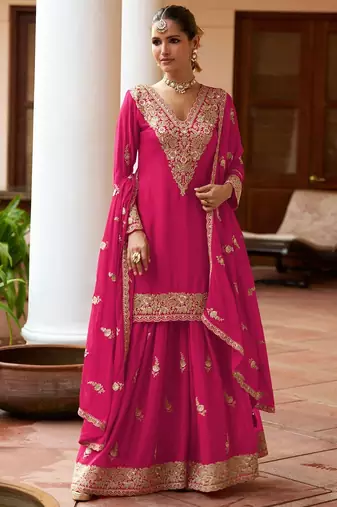 pink silk blend zari embroidery thread work motif work sequined and detailed border semi stitched suit