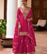 pink silk blend zari embroidery thread work motif work sequined and detailed border semi stitched suit