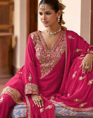 pink silk blend zari embroidery thread work motif work sequined and detailed border semi stitched suit 2