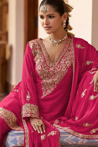 pink silk blend zari embroidery thread work motif work sequined and detailed border semi stitched suit