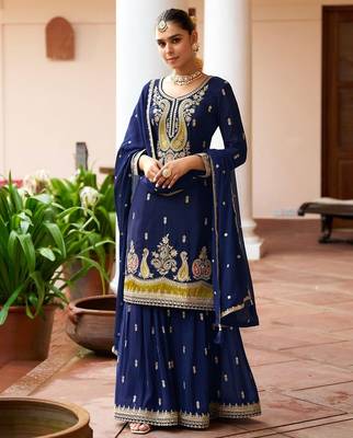 navy blue silk blend zari embroidery thread work motif work sequined and detailed border semi stitched suit 1