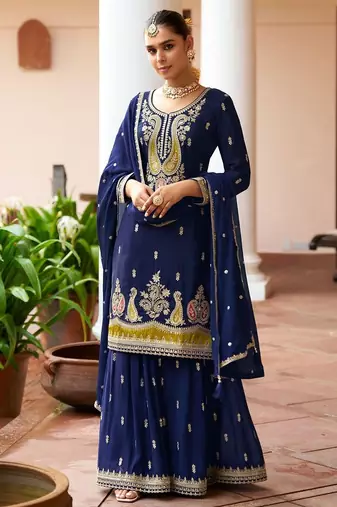 navy blue silk blend zari embroidery thread work motif work sequined and detailed border semi stitched suit