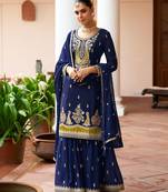 navy blue silk blend zari embroidery thread work motif work sequined and detailed border semi stitched suit