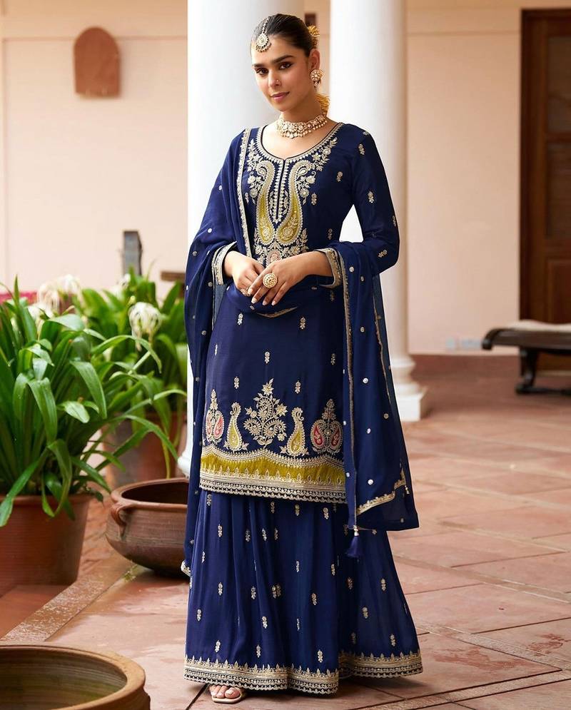 navy blue silk blend zari embroidery thread work motif work sequined and detailed border semi stitched suit