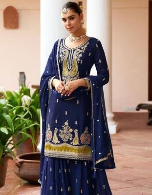 navy blue silk blend zari embroidery thread work motif work sequined and detailed border semi stitched suit 2