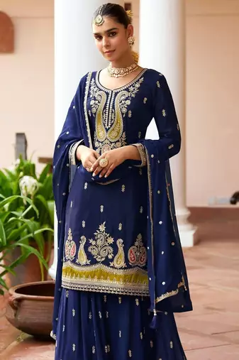 navy blue silk blend zari embroidery thread work motif work sequined and detailed border semi stitched suit