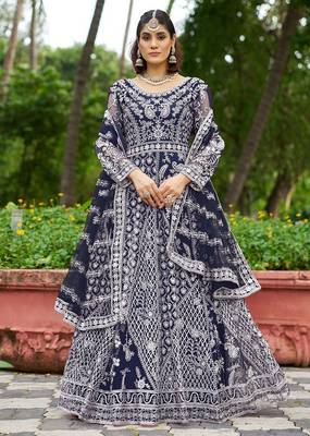 navy blue net thread embroidery zari embroidery butti work semi stitched suit 1