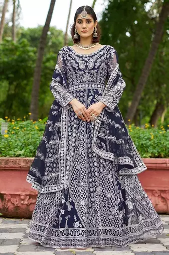 navy blue net thread embroidery zari embroidery butti work semi stitched suit